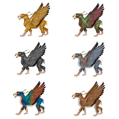 fauve imaginaire, bec, oiseau, animal, sauvage, joli, fauve, volant, aile, mythique, mammifère, menassent, dangereux gueule ouvert, compagnie, collection, groupe, illustration, silhouette