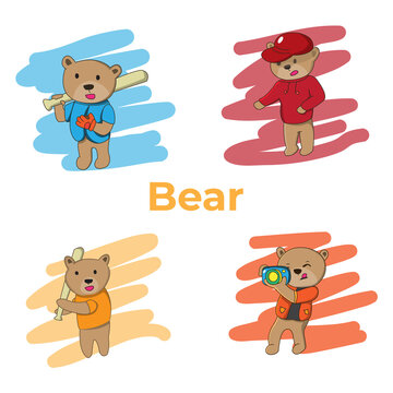 coloured bear cartoon baseball  uniform, bear coach, little bear learning baseball and bear cameraman character illustration set