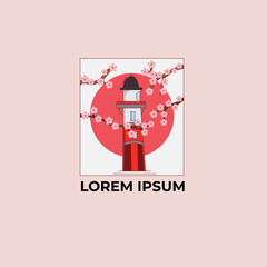 coloured Japanese style tower logo with pink cherry blossom atmosphere