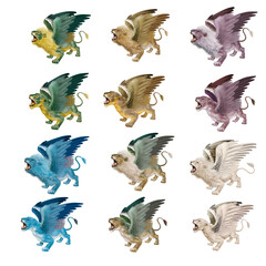 lion, lionne, animal, sauvage, joli, fauve, volant, aile, mythique, mammifère, menassent, dangereux gueule ouvert, compagnie, collection, groupe, illustration, silhouette