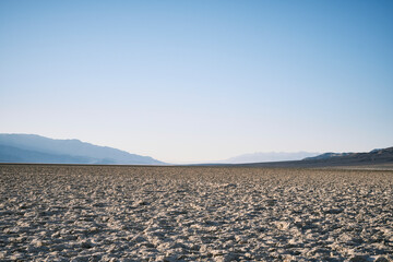 A view of the salty land at Badwater Basin in the death valley. Concept of climate change