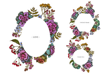 Floral frames with colored wax flower, forget me not flower, tansy, ardisia, brassica, decorative cabbage