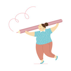 A young woman carries a large pencil.Characters design. Vector illustration flat cartoon style.
