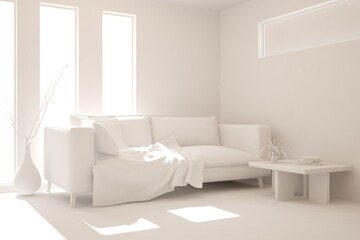 White minimalist living room with sofa. Scandinavian interior design. 3D illustration