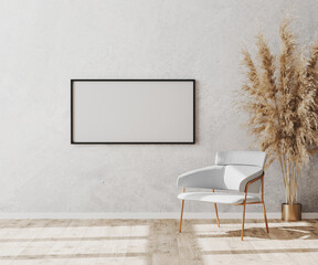 Blank picture frame in bright contemporary empty room interior with luxury white chair on wooden parquet floor and white decorative plaster wall, 3d rendering