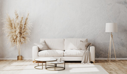 Bright contemporary living room mockup with decorative plaster wall and wooden floor, white sofa, floor lamp and coffee table, living room interior background, 3d rendering