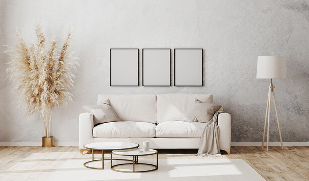 Empty poster frames in bright contemporary living room mockup with decorative plaster wall and wooden floor, white sofa, floor lamp and coffee table, living room interior background, 3d rendering