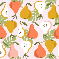 Pears, palm leaves, background. Hand drawn overlapping backdrop. Colorful wallpaper vector. Seamless pattern with fruits. Decorative illustration, good for printing. Design poster