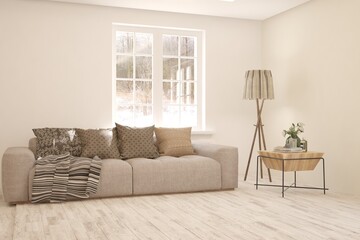 White living room with sofa and winter landscape in window. Scandinavian interior design. 3D illustration