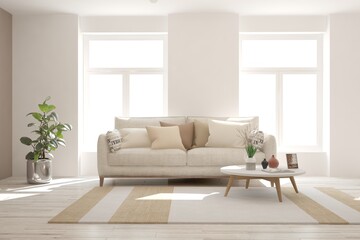 White living room with sofa. Scandinavian interior design. 3D illustration