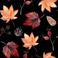 Watercolor hand painted seamless pattern with autumn leaves, alder branches, cones and rose hip beries on black background. Perfect for fall or thanksgiving design. Digital Paper for wrapping, textile