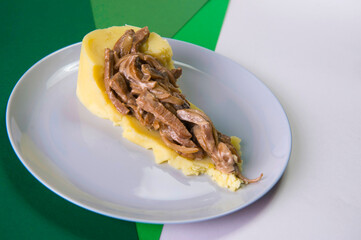 Beef stroganoff with mashed potatoes garnish served on gray plate. Meat Goulash With side dish on colorful green background. Restaurant menu food.
