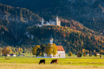 Schloss Neuschwanstein und Wallfahrtskirche St. Coloman bei Schwangau im Allgäu