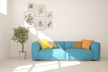White living room with sofa. Scandinavian interior design. 3D illustration