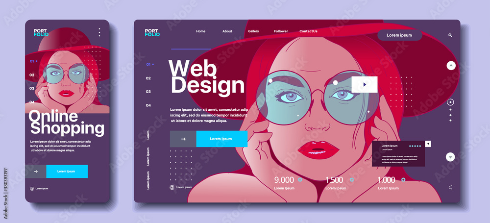Wall mural the face of a young girl with glasses on the desktop wallpaper. modern flat web design in responsive
