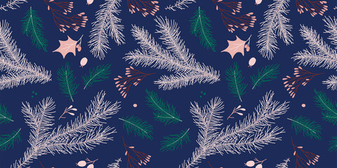 Natural festive seamless pattern for New Year banner background and holiday label design. Winter sale fair pattern. Xmas greeting card with pinecone decoration. Christmas tree illustrations.