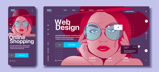 The face of a young girl with glasses on the desktop wallpaper. Modern flat web design in responsive website and app.