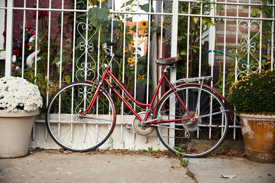 A red vintage bicycle waits outdoors against a fence surrounded by planters and flowers.