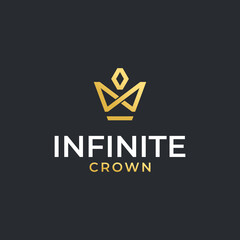 Naklejka premium crown logo vector simple modern design with symbol infinite golden color and dark background