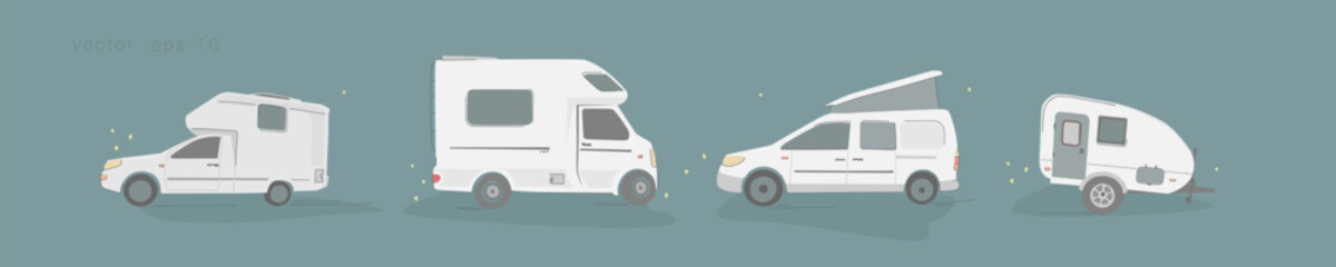 Vector background banner with rv camping trailers, travel mobile home, caravan.