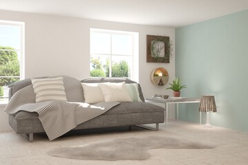 White living room with sofa. Scandinavian interior design. 3D illustration