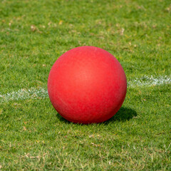 Red Playground kickball ball on the green grass in the bright sunshine. Summer fun.	