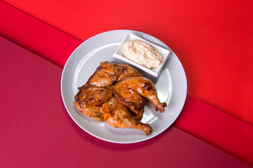 Grilled chicken Tabaka on gray plate served with sauce in white bowl. Georgian cuisine. Restaurant menu food on red abstract background 

