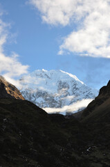 Snow capped mountains in the Andes along the Salkantay trek in Peru
