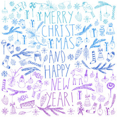 Christmas and new year card with lettering, snowflakes, snowman, fir tree branches, candy, ornaments.