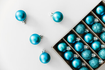 New Year 2021 blue balloons. Stylish set of shiny christmas balls. Holiday concepts. Flat lay, top view.