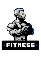 muscular strong bodybuilder body, logo, mascot, cartoon, 
