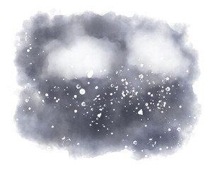 Watercolor painted abstract dark winter landscape with snowflakes, white clouds and snow crystals. With copy space. Computer generated image.