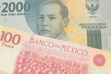 A macro image of a grey two thousand Indonesian rupiah bank note paired up with a red and yellow one hundred peso bill from Mexico.  Shot close up in macro.