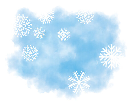 Watercolor painted abstract winter landscape in blue colors with snow flakes and snow crystals. With copy space. Computer generated image.