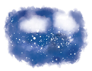 Watercolor painted abstract dark blue winter landscape with snowflakes and white clouds. With copy space. Computer generated image.