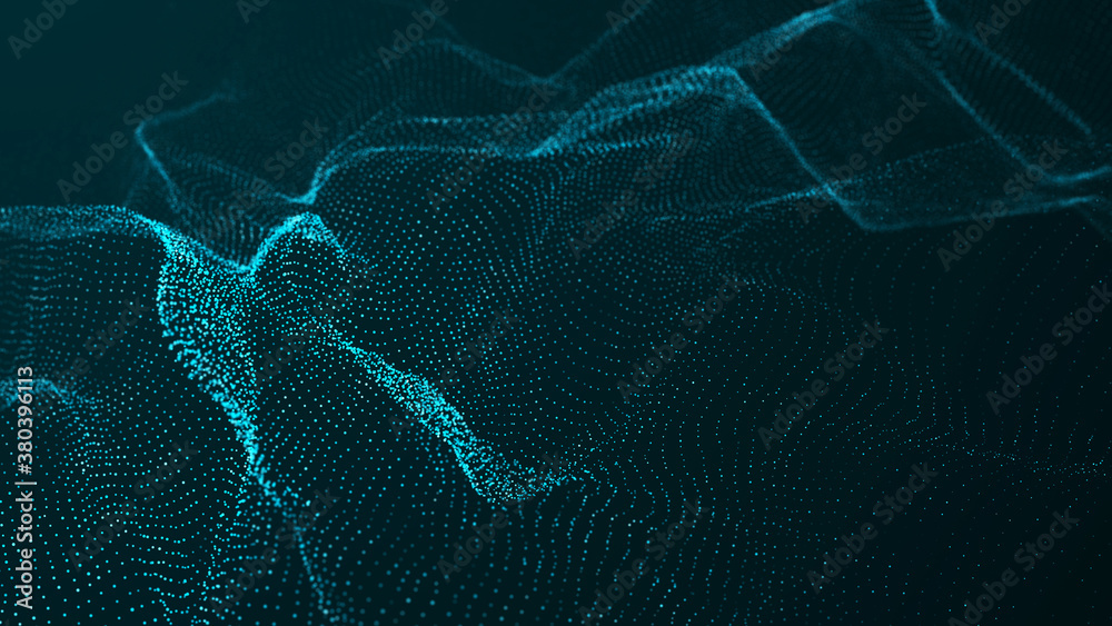Poster abstract dynamic wave of glowing particles. network of neon dots. big data. digital background. 3d r