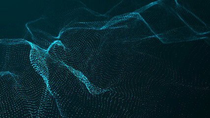 Abstract dynamic wave of glowing particles. Network of neon dots. Big data. Digital background. 3d rendering