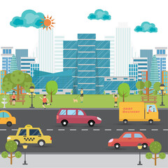Landscape with building, park, people and transportation in city. City life. Vector illustration.