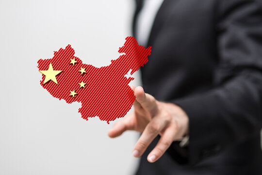 Outlined People's Republic of China map country silhouette in national flag