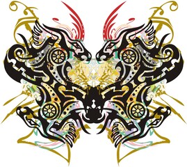 Unusual colored butterfly wings created by dragons. Beautiful abstract butterfly wings with floral splashes and golden decorative elements for wallpaper, posters, textiles, prints on t-shirts, etc.