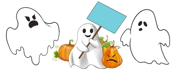 A set of three cute Ghosts Sheet In scary mood, Halloween theme. Isolate image, digital draw and paint.