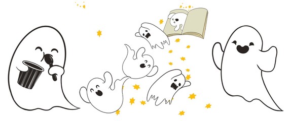 A set of three cute Ghosts Sheet In happiest and joyful mood, Halloween theme. Isolate image, digital draw and paint.Qi