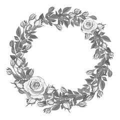 Vector wreath of summer flowers. White and black. Floral round frame with roses and leaves for fashion, greetings, background for save the dates. Monochrome. Vintage.