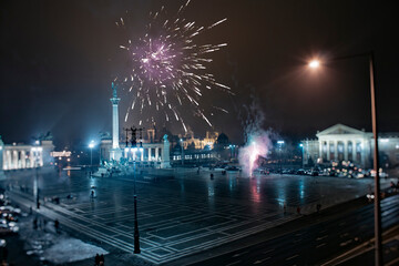 New year's eve in the famous Heroes's square, Budapest with fireworks