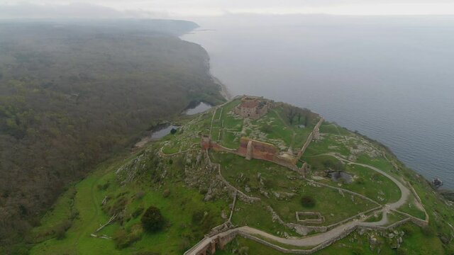 Aerial footage of the medieval castle ruin of Hammershus in Denmark, drone stock footage by DroneRune 2