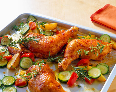 Chicken leg quarters and vegetables