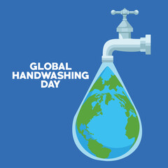 global handwashing day campaign with water faucet and earth planet in drop