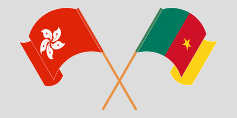 Crossed and waving flags of Cameroon and Hong Kong