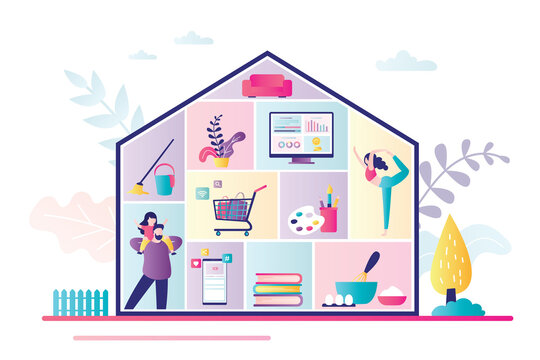 Home activities, entertainments and works. Family at home. House silhouette with rooms, people and household items
