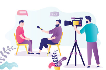 Journalist interviews businessman. Reporter holding microphone and give questions. Cameraman create video content. Video blog